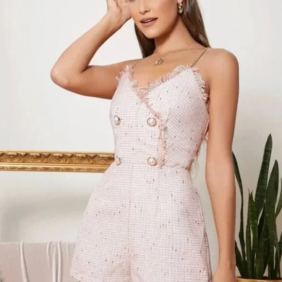 *SHEIN Lavender Dress for Women Surplice Neck Chain Straps Tweed Cami Romper - Picture 1 of 8